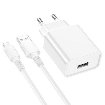 Мережевий зарядний пристрій з кабелем BOROFONE BA74A Aspirer single port charger set(iP) White (6974443388657) 6974443388657 фото